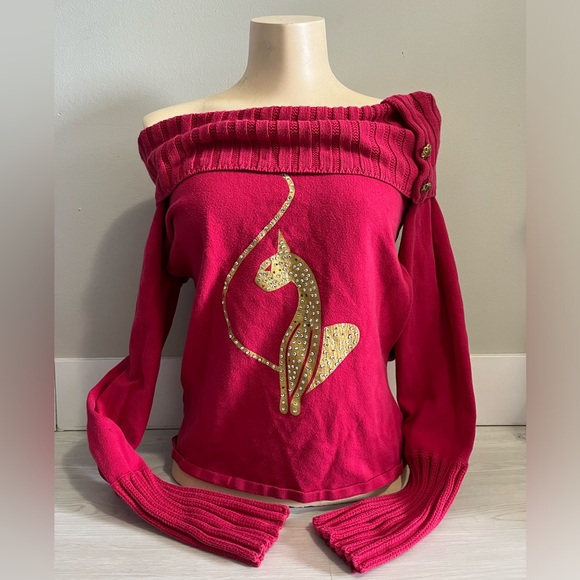 Baby Phat Sweaters - Babyphat Fuschia pink Off-Shoulder Sweater with Cat Design Y2K
